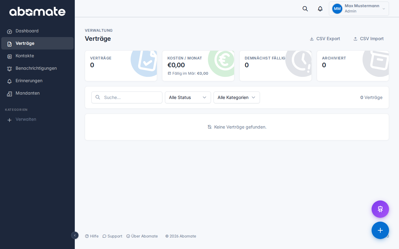 Vertragsliste – CSV Export/Import Buttons